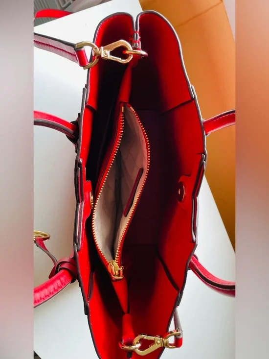 Michael Kors Red Pebbled Leather Satchel with Gold Logo Charm - Picture 5 of 6